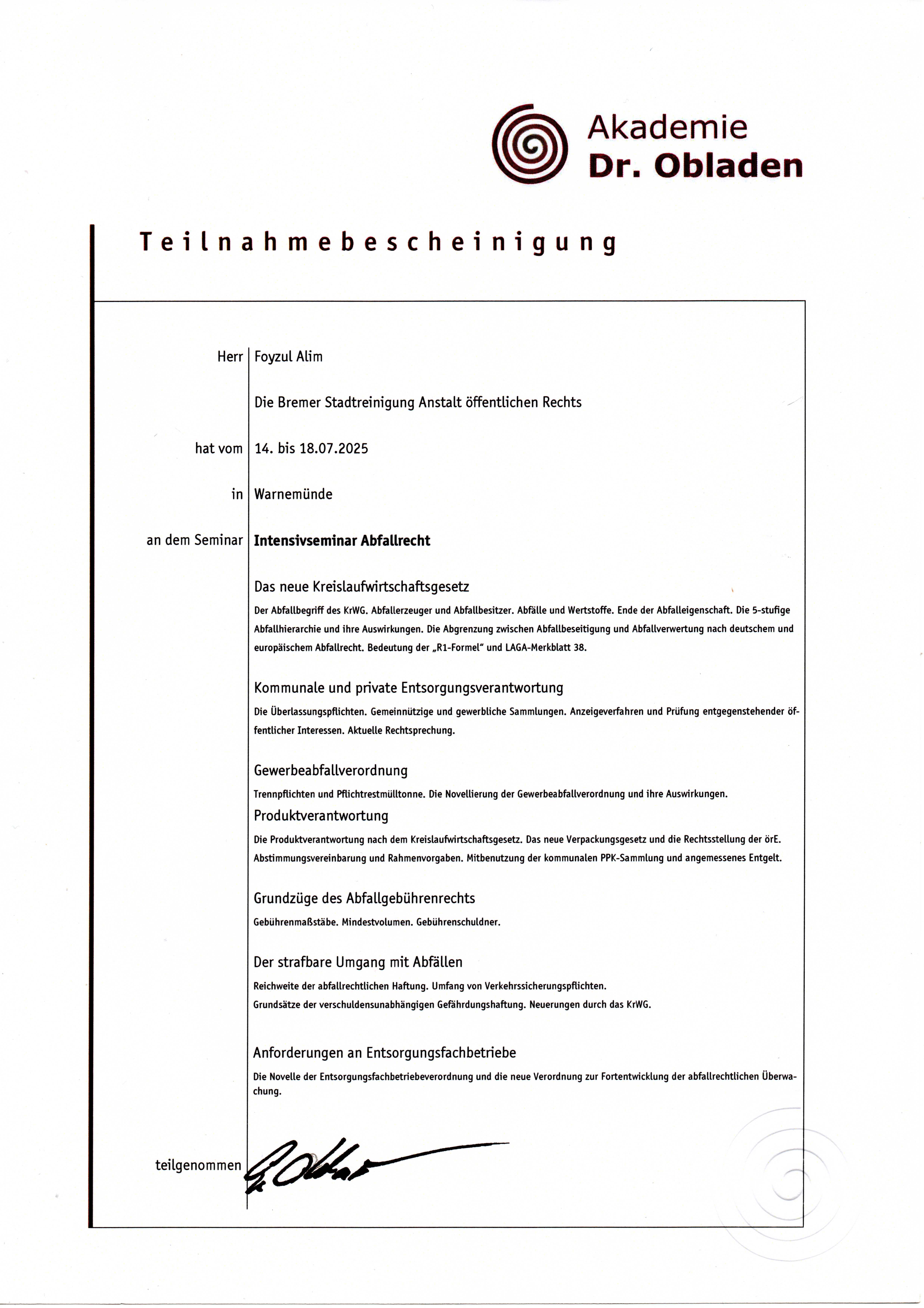 Intensivseminar Abfallrecht
